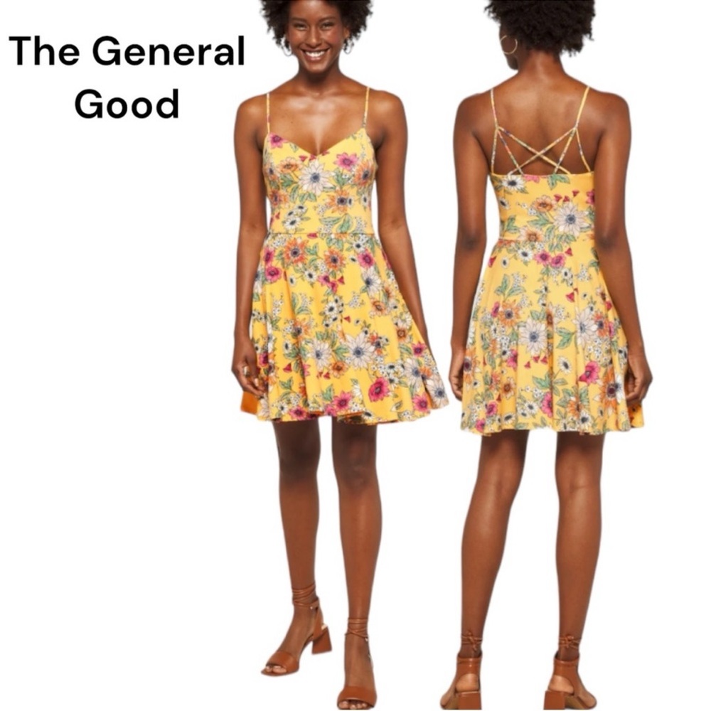 The General Good Yellow Floral Crisscross Spaghetti Strap Tank Dress - Large